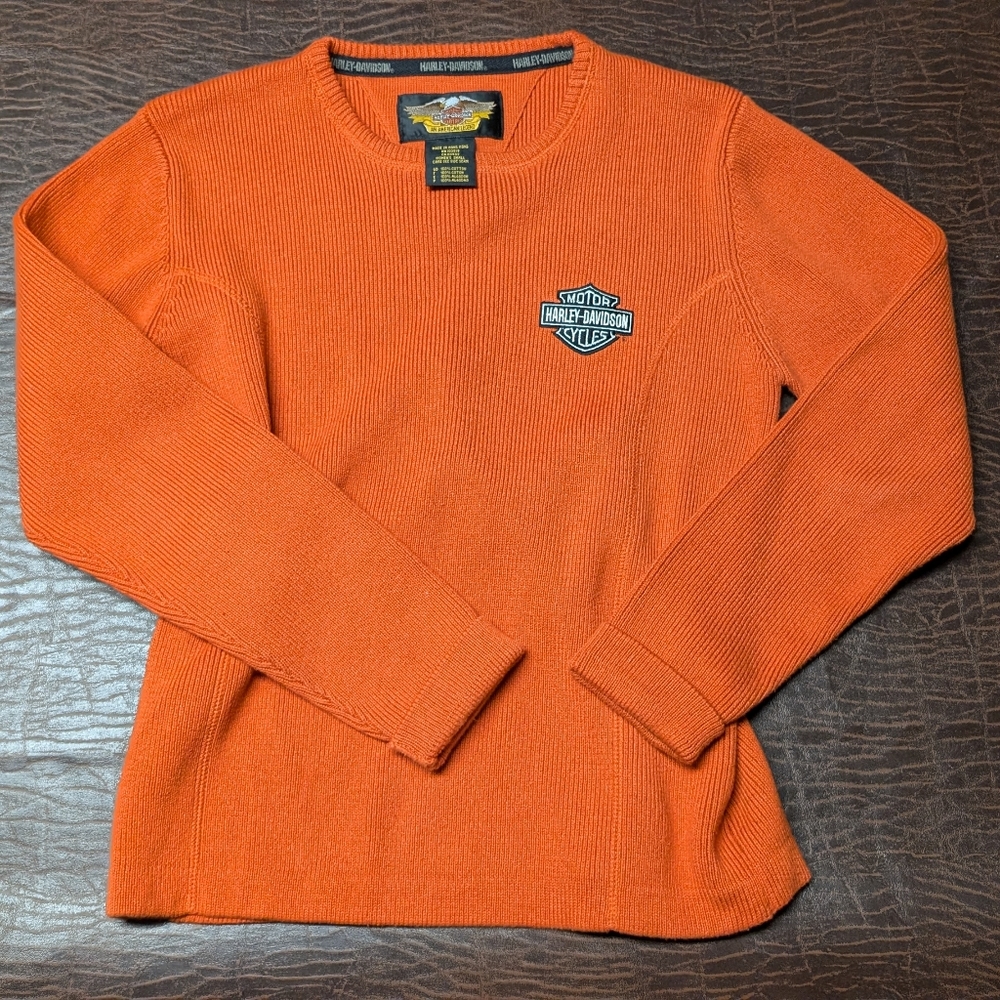 Vtg Harley Davidson Orange Cable knit sweater women's small